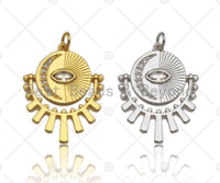 CZ Micro Pave Evil Eye Cresent Moon On Round Coin With Radial Pendant/Charm, Real Gold Plated Charm Pendant,22x27mm, Sku#L427