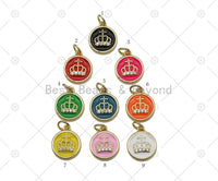 CZ Micro Pave Crown On Colorful Enamel Round Coin Shape Pendant, 18K Gold Filled Crownl Charm, Necklace Bracelet Charm Pendant, Sku#JD20