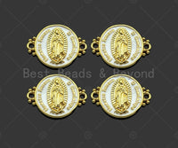 Gold Filled White Enamel Virgin Mary On Round Coin Shape Connector, 18K Gold Filled Enamel Link, Enamel Jewelry, 22x17mm,Sku#LD108