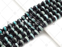 Dzi Agate Faceted Round Beads with Blue Line, 6mm/8mm/10mm/12mm, Light Blue Black Tibetan Beads, Agate Beads, 15.5'' Full Strand,Sku#U1071