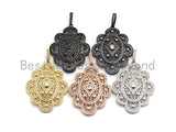 CZ Clear/Black Micro Pave Symmetric Filigree Flower Pendant, Gold/Rose Gold/Silver/Gunmetal plated, 34x45mm, Sku#F787