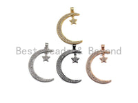 CZ Micro Pave Crescent Moon and Star Pendant ,Gold/Silver/Bl