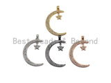 CZ Micro Pave Crescent Moon and Star Pendant ,Gold/Silver/Bl