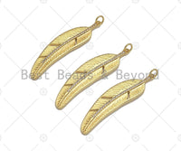 18K Gold Filled Feather Shape Pendant,CZ Micro Pave Gold Filled Charm, Necklace Bracelet Charm Pendant,12x48mm,Sku#Z1342