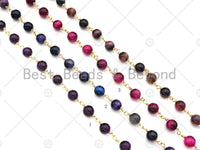 Purple/Galaxy/Fuchsia/Multicolor High Quality Tiger Eye Rosary Chain, 6mm Beaded Chain, Wire Wrapped Gold Chain, Sku#V77