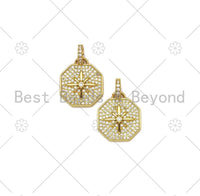 Clear CZ Micro Pave North Star On Octagon Shape Pendant,18K Gold Filled Cubic Zirconia Charm, Necklace Bracelet Pendant, 17x15mm, Sku#LK431