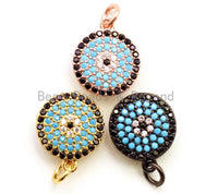 CZ Micro Pave 13mm Turquoise Evil Eye Round Coin Charm, Cubic Zirconia Pendant, CZ Dangle Charms, Silver/Rose Gold/Gold/Black Tone, sku#F34