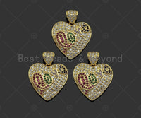 Colorful CZ Micro Pave Love Word On Heart Shape Pendant, 18K Gold Filled Heart Charm, Necklace Bracelet Charm Pendant,25x24mm,Sku#LD105