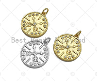 CZ Micro Pave Cross Arrows On Round Coin Pendant/Charm,Cubic Zirconia Charm, Necklace Bracelet Charm Pendant,18x20mm, Sku#L413