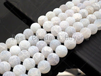 High Quality Natural White Frosted Matte Fire Agate, White Round 6mm/8mm/10mm/12mm Fire Agate, Cracked Agate, 15.5" Full Strand, sku#UA144