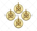 18k Shiny Gold Square Flower On Round Coin Charms, Gold Coin Charms, Flower Pendant, Gold Pendant, Round Necklace Charms, 12x12mm, Sku#Y337