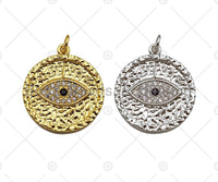 18K Gold Silver Pave Evil Eye Coin Shape Pendant/Charm, Protection Eye Bracelet Necklace Charm, Evil Eye Pendant Charm, 21mm,sku#Z1246