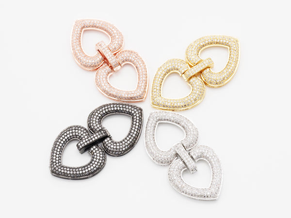 CZ Micro Pave Double Heart Buckle Clasp, Cubic Zirconia  Interlocking Clasp/Connector, 51x24mm, sku#H33