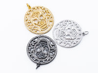 CZ Micro Pave Large Hollow Skull Disc Pendant/Charm, Cubic Zirconia Round Skull Pendant, Halloween Pave, 29mm, sku#F152