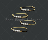 Cute 18K Gold Safety Pin Clasp, Pearl On Clasp Safety Pin, Paper Clip Chain Connector Clasp, 8x24mm, Sku#Y392