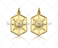 CZ Micro Pave Radial Star On Hexagon Shape Pendant, 18K Gold Medallion Charm, Necklace Bracelet Charm Pendant, 23x15mm,Sku#Y435