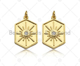 CZ Micro Pave Radial Star On Hexagon Shape Pendant, 18K Gold Medallion Charm, Necklace Bracelet Charm Pendant, 23x15mm,Sku#Y435