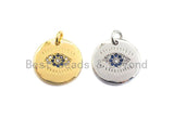 Cobalt CZ Micro Pave Round Evil Eye on Disc Pendant/Charm, Lucky eye Cubic Zirconia Pendant, Silver/Gold Tone,15mm,Sku#Z417