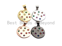 Colorful Star CZ Micro Pave Flat Round Pendant, CZ Pave Pendant, Gold/Rose Gold/Silver/Gunmetal plated, 35x50mm, Sku#F807