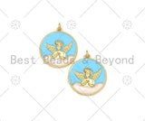 Gold Angle On Sky Blue Enamel Round Coin Shape Pendant, 18K Gold Filled Angel Charm,Necklace Bracelet Charm Pendant, 24x27mm,Sku#L625