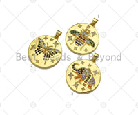 Colorful CZ Micro Pave Bee/Elephant/Butterfly On Round Coin Pendant,18K Dainty Gold Medallion Charm,Necklace Bracelet Charm,24x27mm,Sku#JL31