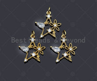 CZ Micro Pave Flower On Star Charm/Pendant, Star Shape Charm, Gold Star Pendant, Gold plated charm, mm, Sku#JL08