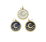 CZ Enamel Crescent Moon Star On Round Coin Charm, Sku#Y701