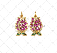 Fuchsia CZ Micro Pave Tulip Flower with Green CZ Leaf Shape Pendant,18K Gold Filled Charm, Necklace Bracele Pendant, 23x14mm, Sku#LK468