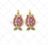 Fuchsia CZ Micro Pave Tulip Flower with Green CZ Leaf Shape Pendant,18K Gold Filled Charm, Necklace Bracele Pendant, 23x14mm, Sku#LK468