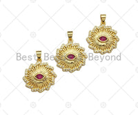 Fuchsia CZ Micro Pave 18k Gold Evil Eye On Sunflower Pendant, Cubic Zirconia Medallion Pendant,CZ Micro Pave Pendant,22x23mm, Sku#LK212