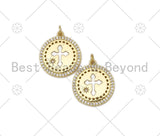 CZ Micro Pave Hollow Out Cross On Round Shape Pendant,18K Gold Filled Medallion Charm, Necklace Bracelet Charm Pendant, 23x20mm,Sku#LK416