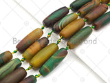 Natural Matt Green Brown Agate Barrel Spacer Beads, Tibetan