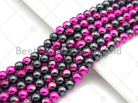 New!!! Half Plated Hot Pink Natural Hematite Beads, 4mm/6mm/8mm Round Smooth Beads,15.5''  Full Strands, Sku#S133