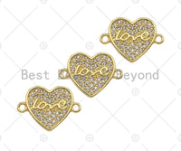 CZ Micro Pave Love Word On Heart Shape Connector, Cubic Zirconia Heart Connector Beads, 18K Gold Bracelet Connector, 14x19mm, Sku#LK314