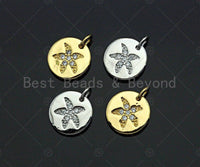 CZ Micro Pave Star on Disc Pendant/Charm, Round Coin Cubic Zirconia Pendant, Real Gold Plated Charm,12x12mm,Sku#L321