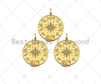 CZ Micro Pave North Star On Round Coin Shape Pendant, 18K Dainty Gold Medallion Charm,Necklace Bracelet Charm Pendant,23x30mm,Sku#Z1304