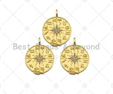 CZ Micro Pave North Star On Round Coin Shape Pendant, 18K Dainty Gold Medallion Charm,Necklace Bracelet Charm Pendant,23x30mm,Sku#Z1304