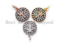 CZ Micro Pave Cross Symbol on Disc Round Charm/Pendant, Black CZ in Gold Rose, Gold, Silver Finish,  11x13mm,sku#Y10