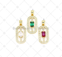 Colorful Big Rectangle CZ on Micro Pave Oval Shape Pendant, 18K Gold Filled CZ Charm, Necklace Bracelet Charm Pendant, 24x12mm,Sku#LK497