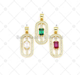 Colorful Big Rectangle CZ on Micro Pave Oval Shape Pendant, 18K Gold Filled CZ Charm, Necklace Bracelet Charm Pendant, 24x12mm,Sku#LK497