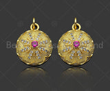 Gold Filled CZ Micro Pave Flower Pattern On Round Shape Pendant, 18K Gold Filled Fuchsia CZ Charm, Necklace Bracelet Pendant,mm,Sku#LK346