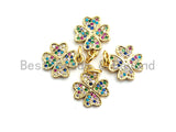 CZ Colorful Micro Pave Shamrock Pendant Charm, Clover Shaped Pave Pendant, Gold plated, 11x13mm, Sku#F754