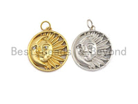 CZ Micro Pave Round With Moon And Sun Pendant/Charm, Indian Pattern Cubic Zirconia Pendant, Silver/Gold Tone,20x22mm,Sku#Y206