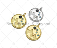 CZ Micro Pave Moutain Star Moon On Round Coin Pendant,Cubic Zirconia Silver/Gold Charm, Necklace Bracelet Charm Pendant, 22x25mm, Sku#L540