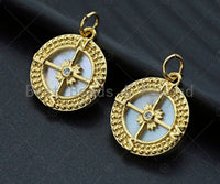 18K Gold CZ Micro Pave Compass on Mother-of-pearl Pendant Charm, Cubic Zirconia Compass Cross Charm, 16mm,sku#Z1133