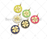 Gold Filled Clover On Colorful Enamel Round Coin Shape Pendant, Shamrock charm, Sku#L570