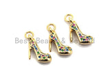 CZ Colorful Micro Pave High-heel Shoes Pendant, High-heel Shoe Pave Pendant, Gold plated, 16x6mm, Sku#F829