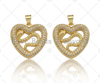 CZ Micro Pave Snake On Heart Shape Pendant/Charm,Cubic Zirconia Gold Charm, Necklace Bracelet Charm Pendant,21x21mm, Sku#LD32