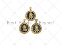 CZ Micro Pave Enamel Prayer Hand Pendant, 3D Embossment Hands Charm, Coin Jewelry, 19mm,sku#LK03