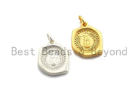 CZ Micro Pave Hexagon With Mary Pendant,Cubic Zirconia Hexagon Charm, Silver/Gold Pendant, Religious Jewelry, 13x16mm,sku#Y212